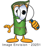 #23251 Clip Art Graphic Of A Rolled Green Carpet Cartoon Character Looking Through A Magnifying Glass