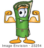 #23254 Clip Art Graphic Of A Rolled Green Carpet Cartoon Character Flexing His Arm Muscles