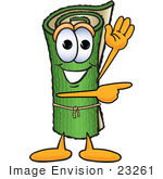 #23261 Clip Art Graphic Of A Rolled Green Carpet Cartoon Character Waving And Pointing