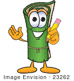 #23262 Clip Art Graphic Of A Rolled Green Carpet Cartoon Character Holding A Pencil