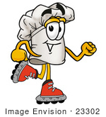 #23302 Clip Art Graphic Of A White Chefs Hat Cartoon Character Roller Blading On Inline Skates