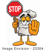 #23304 Clip Art Graphic Of A White Chefs Hat Cartoon Character Holding A Stop Sign