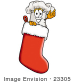 #23305 Clip Art Graphic Of A White Chefs Hat Cartoon Character Inside A Red Christmas Stocking