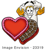 #23319 Clip Art Graphic Of A White Chefs Hat Cartoon Character With An Open Box Of Valentines Day Chocolate Candies