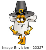 #23327 Clip Art Graphic Of A White Chefs Hat Cartoon Character Wearing A Pilgrim Hat On Thanksgiving
