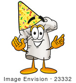 #23332 Clip Art Graphic Of A White Chefs Hat Cartoon Character Wearing A Birthday Party Hat