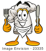 #23335 Clip Art Graphic of a White Chefs Hat Cartoon Character Holding a Knife and Fork by toons4biz