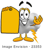 #23353 Clip Art Graphic of a Puffy White Cumulus Cloud Cartoon Character Holding a Yellow Sales Price Tag by toons4biz