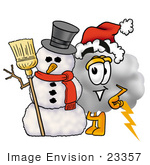 #23357 Clip Art Graphic Of A Puffy White Cumulus Cloud Cartoon Character With A Snowman On Christmas