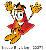 #23374 Clip Art Graphic Of A Construction Traffic Cone Cartoon Character Jumping