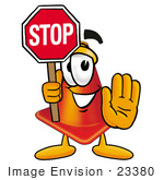 #23380 Clip Art Graphic Of A Construction Traffic Cone Cartoon Character Holding A Stop Sign