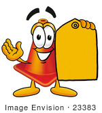 #23383 Clip Art Graphic Of A Construction Traffic Cone Cartoon Character Holding A Yellow Sales Price Tag