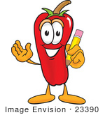 #23390 Clip Art Graphic Of A Red Chilli Pepper Cartoon Character Holding A Pencil