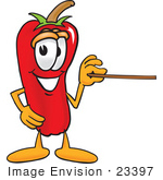 #23397 Clip Art Graphic Of A Red Chilli Pepper Cartoon Character Holding A Pointer Stick