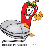 #23400 Clip Art Graphic Of A Red Chilli Pepper Cartoon Character With A Computer Mouse