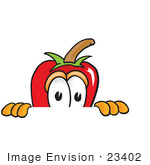 #23402 Clip Art Graphic Of A Red Chilli Pepper Cartoon Character Peeking Over A Surface