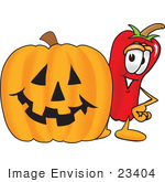 #23404 Clip Art Graphic Of A Red Chilli Pepper Cartoon Character With A Carved Halloween Pumpkin