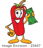 #23407 Clip Art Graphic Of A Red Chilli Pepper Cartoon Character Holding A Dollar Bill