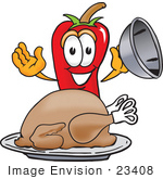 #23408 Clip Art Graphic Of A Red Chilli Pepper Cartoon Character Serving A Thanksgiving Turkey On A Platter