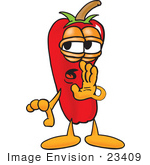 #23409 Clip Art Graphic Of A Red Chilli Pepper Cartoon Character Whispering And Gossiping