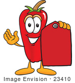 #23410 Clip Art Graphic Of A Red Chilli Pepper Cartoon Character Holding A Red Sales Price Tag