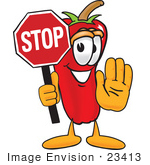 #23413 Clip Art Graphic Of A Red Chilli Pepper Cartoon Character Holding A Stop Sign
