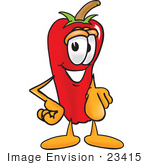 #23415 Clip Art Graphic Of A Red Chilli Pepper Cartoon Character Pointing At The Viewer