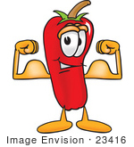 #23416 Clip Art Graphic Of A Red Chilli Pepper Cartoon Character Flexing His Arm Muscles