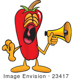 #23417 Clip Art Graphic Of A Red Chilli Pepper Cartoon Character Screaming Into A Megaphone