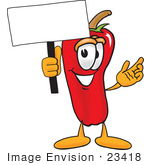 #23418 Clip Art Graphic Of A Red Chilli Pepper Cartoon Character Holding A Blank Sign