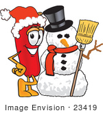 #23419 Clip Art Graphic Of A Red Chilli Pepper Cartoon Character With A Snowman On Christmas