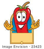#23423 Clip Art Graphic Of A Red Chilli Pepper Cartoon Character Label