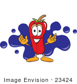 #23424 Clip Art Graphic Of A Red Chilli Pepper Cartoon Character Logo With Blue Paint Splatters