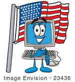 #23436 Clip Art Graphic Of A Desktop Computer Cartoon Character Pledging Allegiance To An American Flag