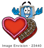 #23440 Clip Art Graphic Of A Desktop Computer Cartoon Character With An Open Box Of Valentines Day Chocolate Candies