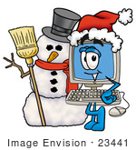 #23441 Clip Art Graphic Of A Desktop Computer Cartoon Character With A Snowman On Christmas