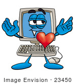 #23450 Clip Art Graphic Of A Desktop Computer Cartoon Character With His Heart Beating Out Of His Chest