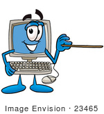 #23465 Clip Art Graphic Of A Desktop Computer Cartoon Character Holding A Pointer Stick