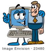 #23480 Clip Art Graphic of a Desktop Computer Cartoon Character Talking to a Business Man by toons4biz