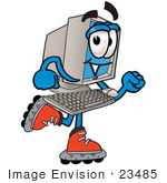 #23485 Clip Art Graphic Of A Desktop Computer Cartoon Character Roller Blading On Inline Skates
