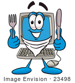#23498 Clip Art Graphic Of A Desktop Computer Cartoon Character Holding A Knife And Fork