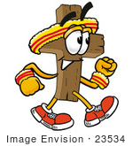 #23534 Clip Art Graphic of a Wooden Cross Cartoon Character Speed Walking or Jogging by toons4biz