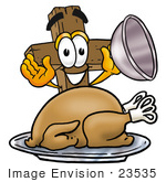 #23535 Clip Art Graphic Of A Wooden Cross Cartoon Character Serving A Thanksgiving Turkey On A Platter