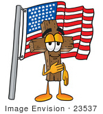 #23537 Clip Art Graphic Of A Wooden Cross Cartoon Character Pledging Allegiance To An American Flag