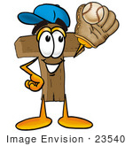 #23540 Clip Art Graphic Of A Wooden Cross Cartoon Character Catching A Baseball With A Glove
