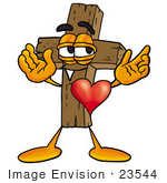 #23544 Clip Art Graphic Of A Wooden Cross Cartoon Character With His Heart Beating Out Of His Chest
