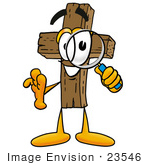 #23546 Clip Art Graphic Of A Wooden Cross Cartoon Character Looking Through A Magnifying Glass