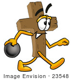 #23548 Clip Art Graphic Of A Wooden Cross Cartoon Character Holding A Bowling Ball