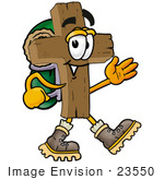#23550 Clip Art Graphic Of A Wooden Cross Cartoon Character Hiking And Carrying A Backpack