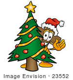 #23552 Clip Art Graphic Of A Wooden Cross Cartoon Character Waving And Standing By A Decorated Christmas Tree